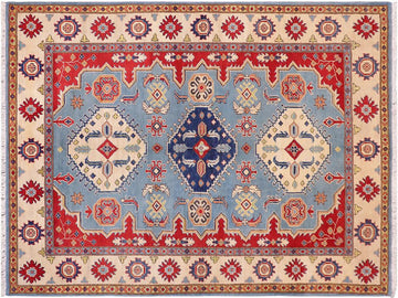 handmade Geometric Kazak Blue Beige Hand Knotted RECTANGLE 100% WOOL area rug 6x8
